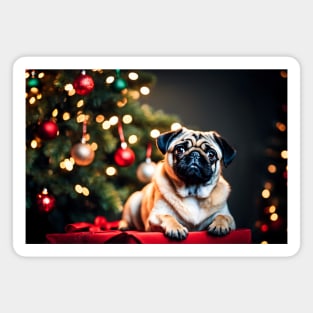 Pug Posing in Front of Christmas Tree Magnet